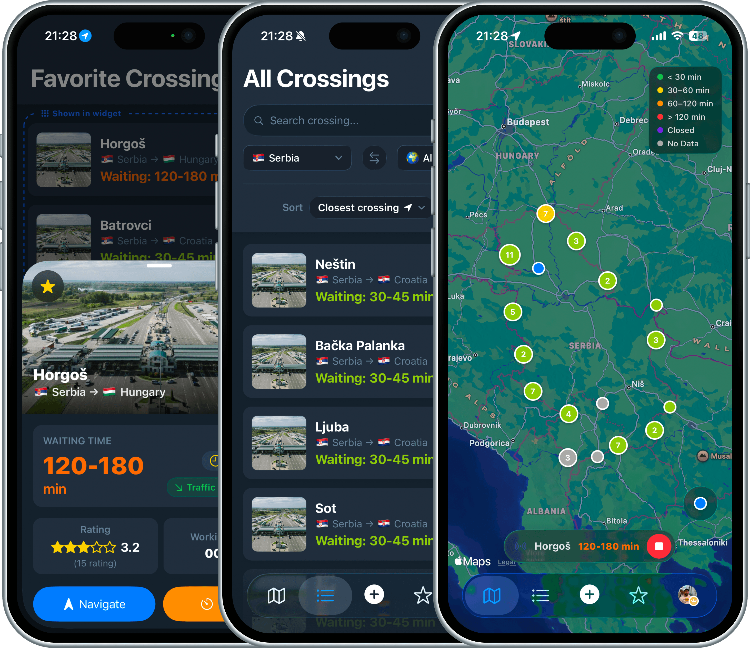 Bordi app showing live border crossing wait times