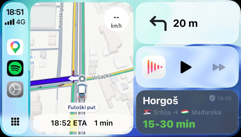 Bordi Live Activity in Apple CarPlay showing the crossing wait time