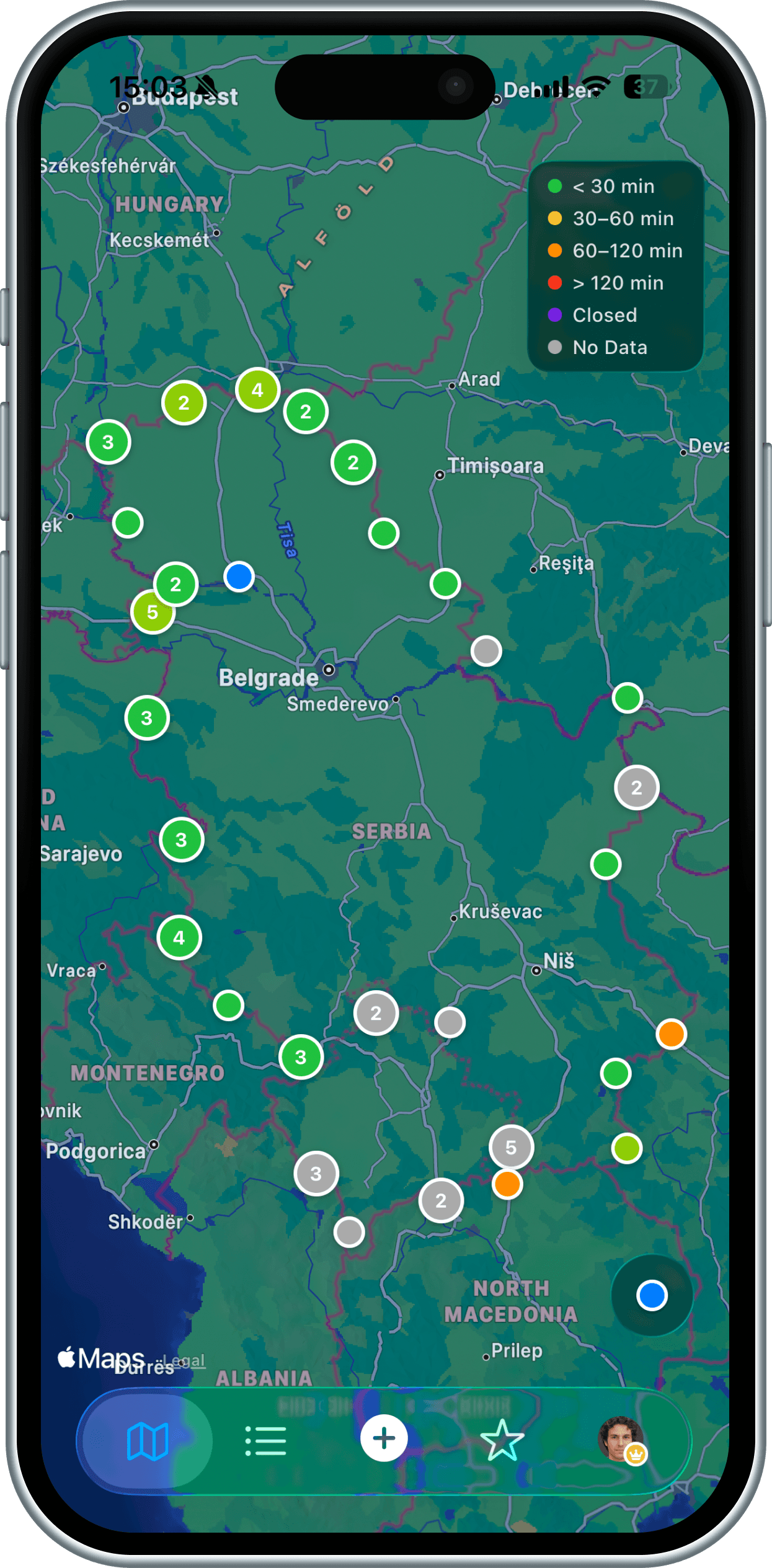Bordi live map of the region with crossings colored by wait time