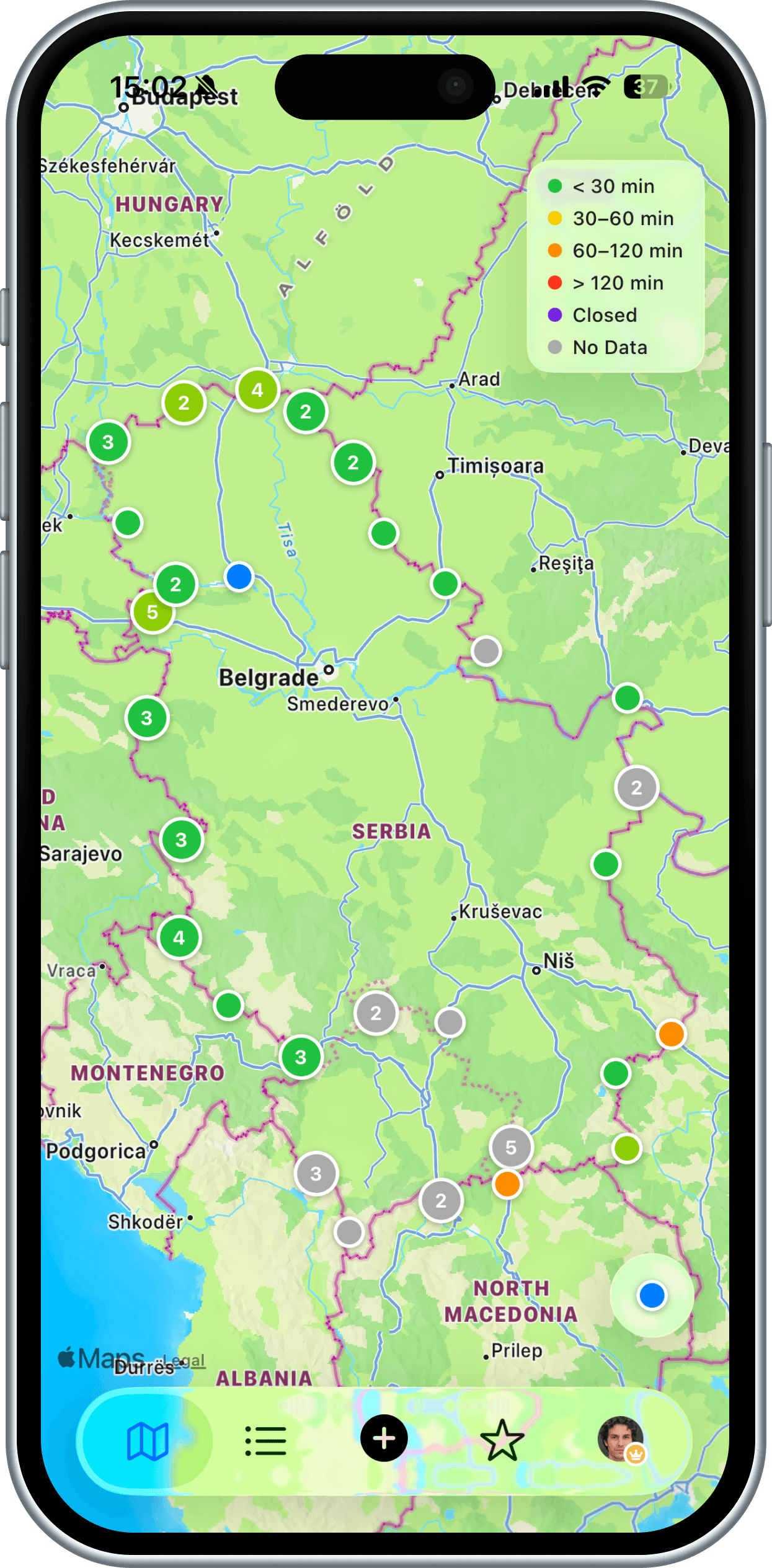 Bordi live map of the region with crossings colored by wait time