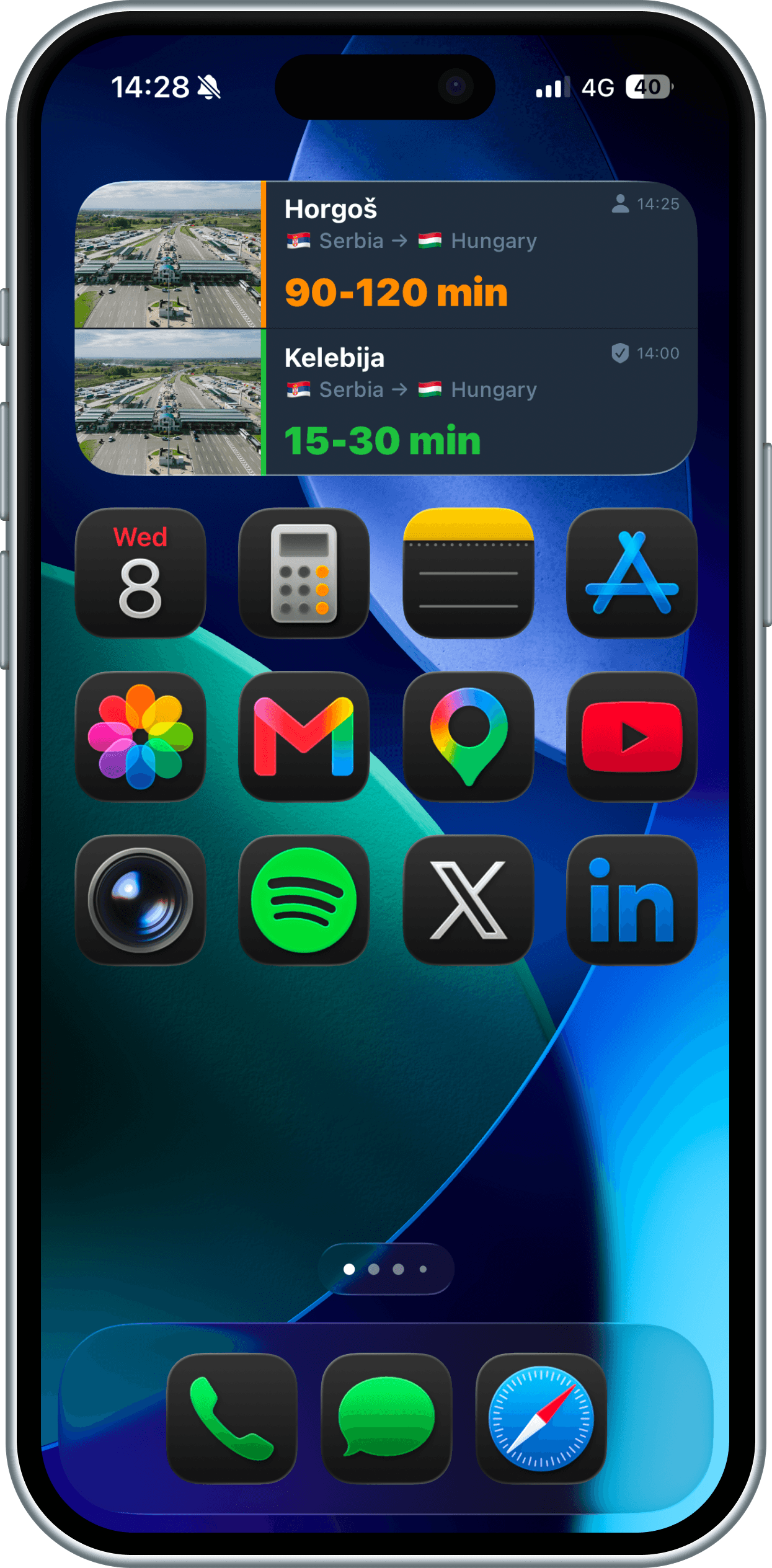 Bordi widgets on the iOS Home Screen showing live border wait times
