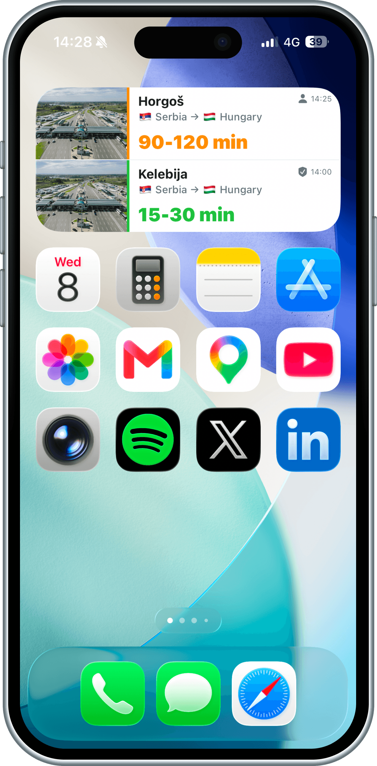 Bordi widgets on the iOS Home Screen showing live border wait times