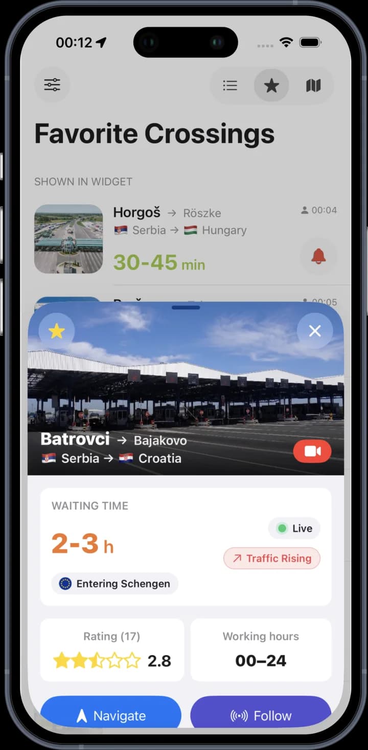 A crossing card with the live wait, official time, rating and working hours