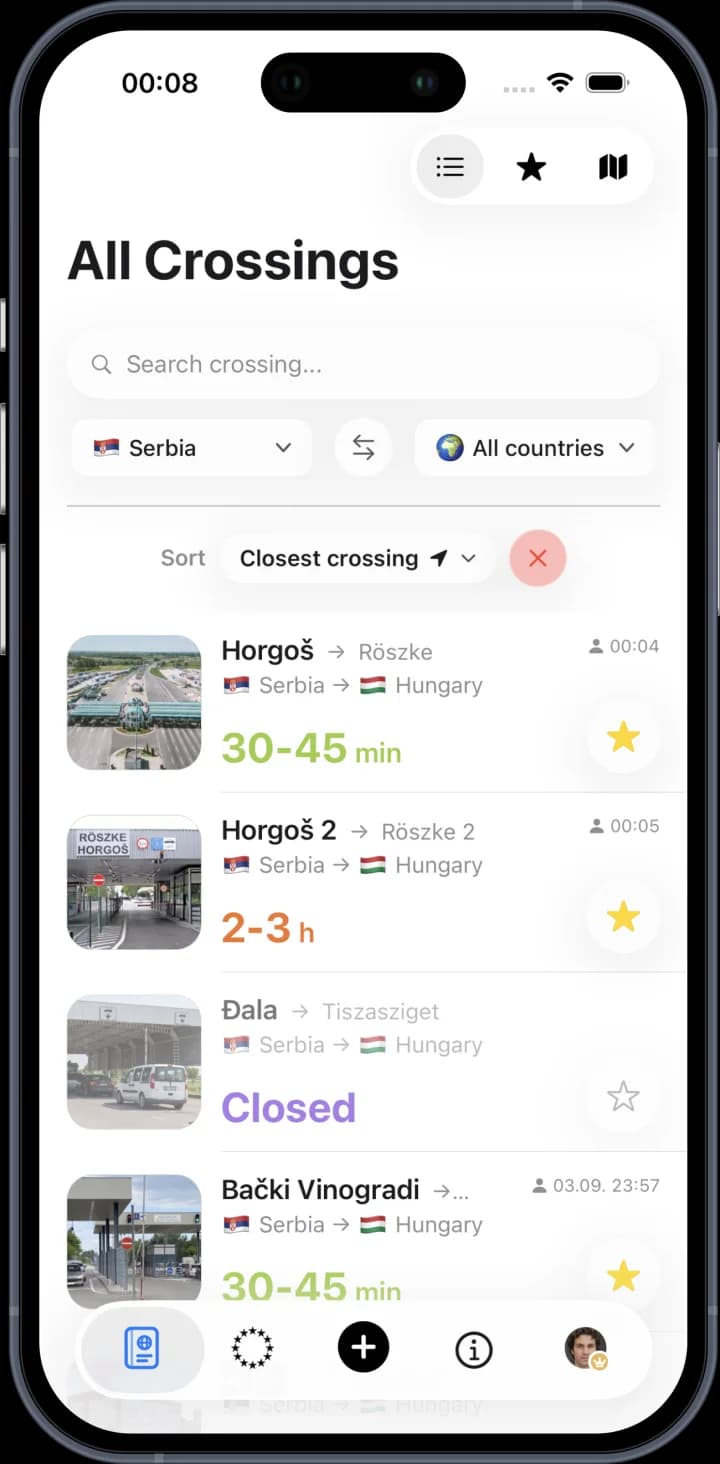 All crossings with live wait times