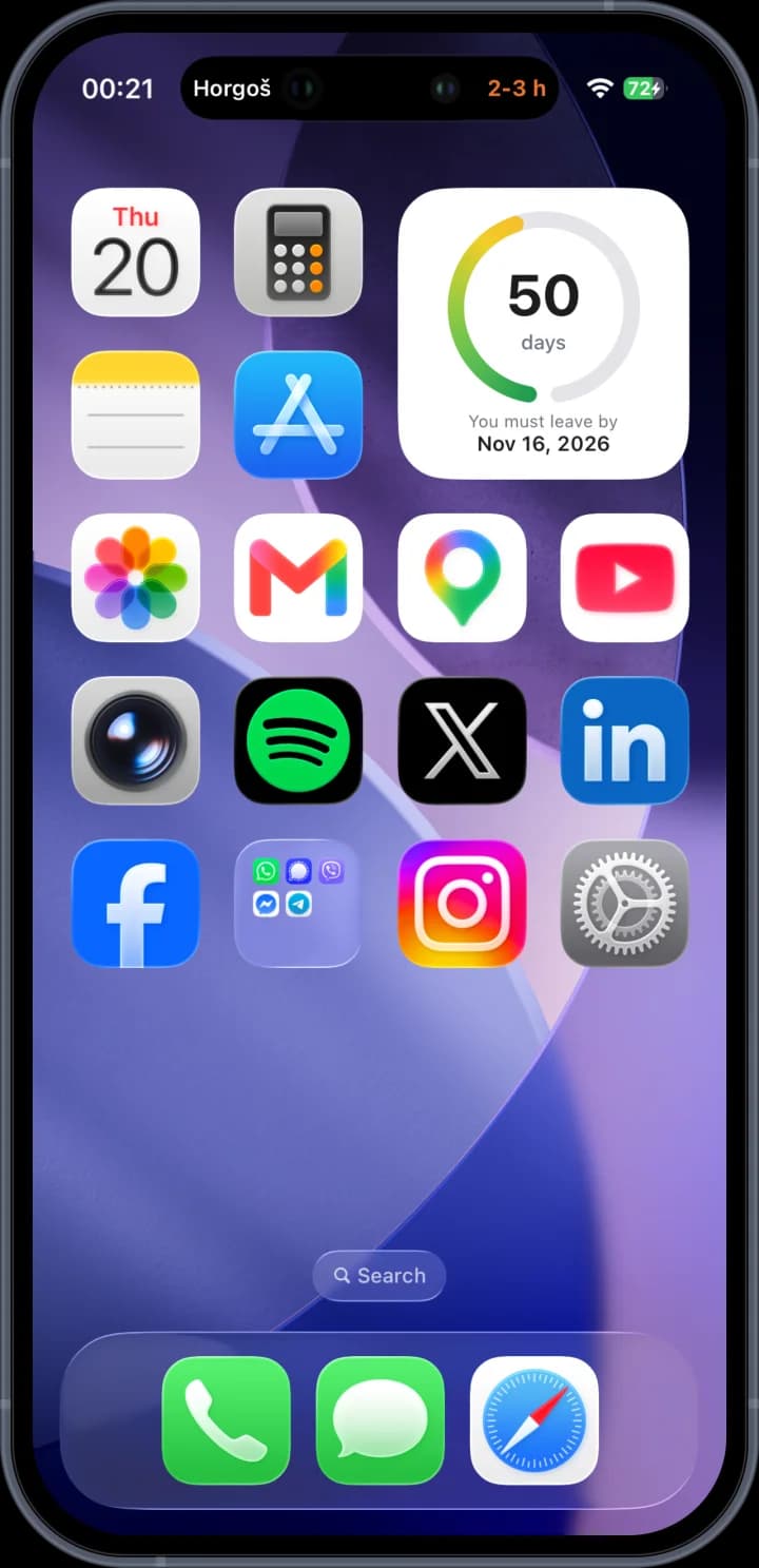 The Schengen days widget on the Home Screen