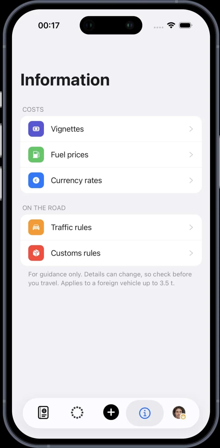 The Information tab: vignettes, fuel prices, currency rates, traffic rules and customs rules