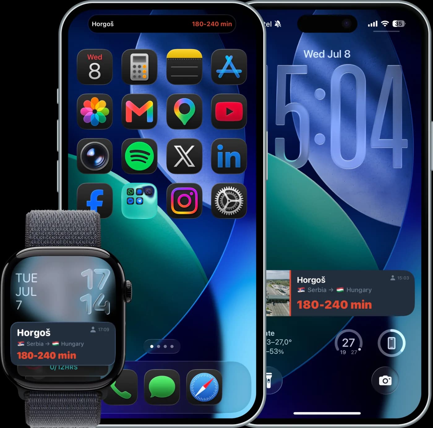 A Bordi Live Activity on the Lock Screen, in the Dynamic Island and on Apple Watch