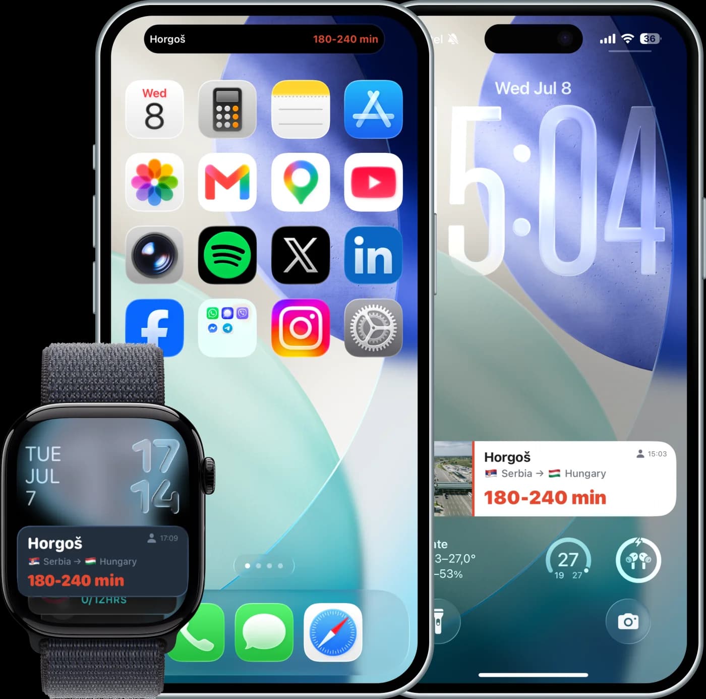 A Bordi Live Activity on the Lock Screen, in the Dynamic Island and on Apple Watch