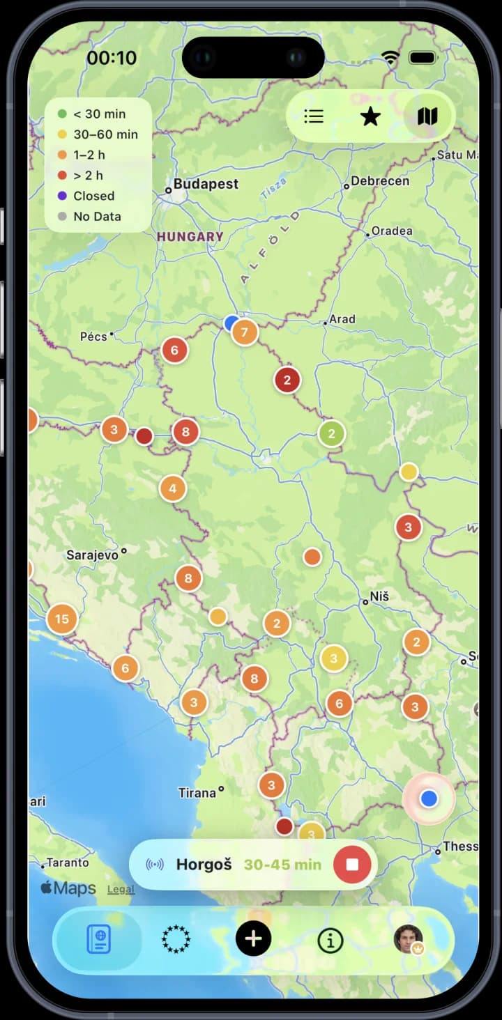 The live map, every crossing coloured by its wait